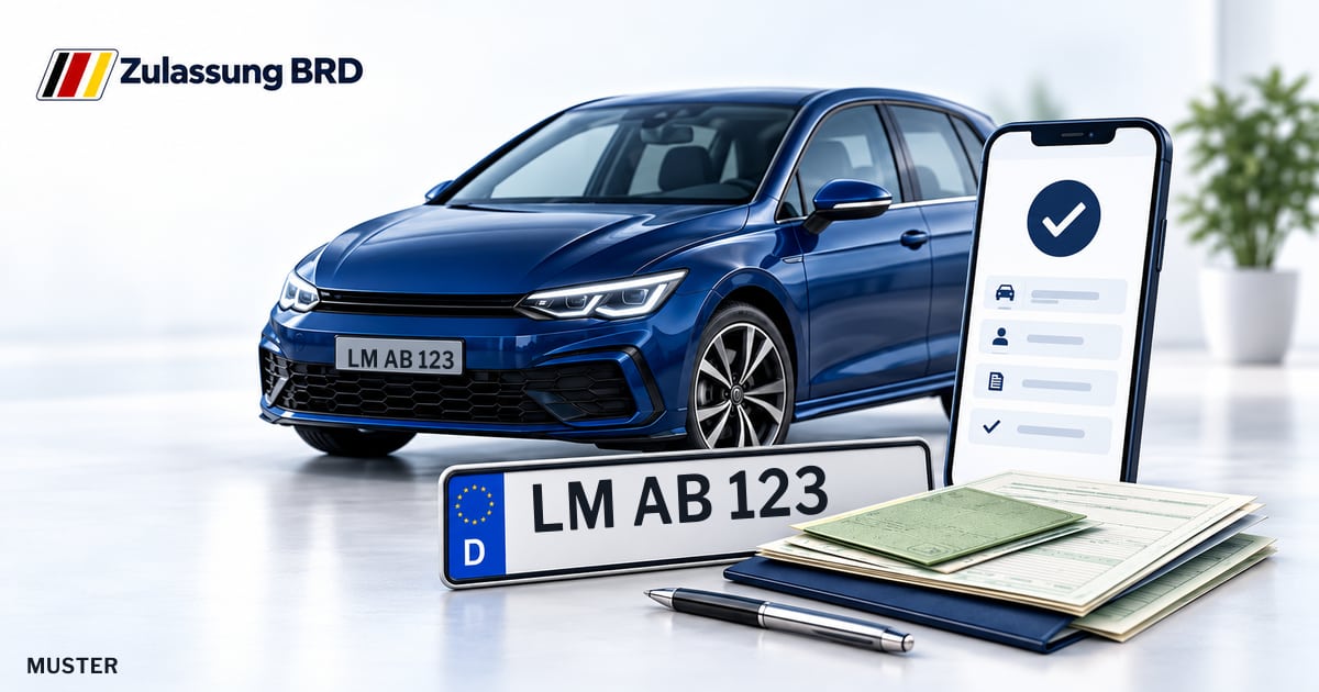 Online Fahrzeugzulassung in Bad Camberg: Musterkennzeichen LM AB 123, Auto und Fahrzeugpapiere und Smartphone. Illustration mit Logo von Zulassung BRD.